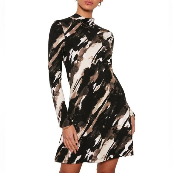 TART Black and brown abstract print long sleeve mini dress size S. - Picture 2 of 15